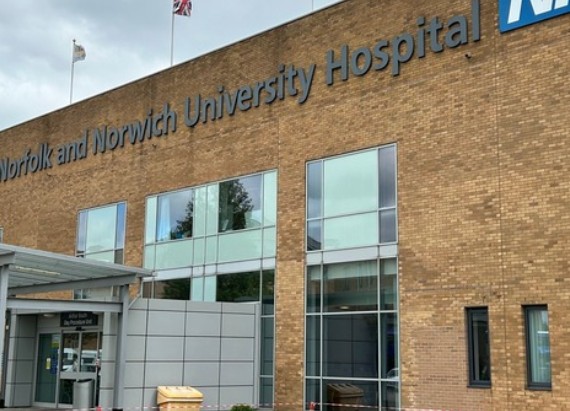Front entrance of Norfolk and Norwich University Hospitals NHS Foundation Trust hospital building