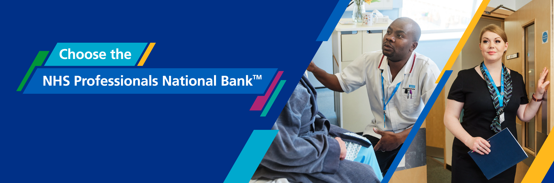 National Bank: A male and female NHS Professional in their places of work