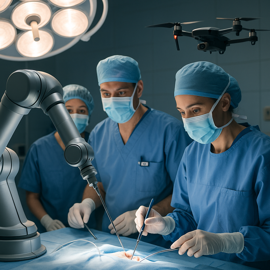 AI generated image showing a surgery with surgeons, a drone and a surgical robot performing on an operating table in a theatre setting.