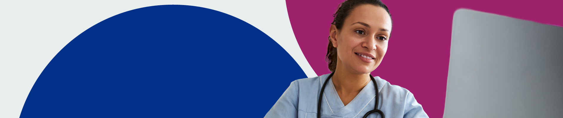 A page banner with brand design in the background and a female doctor wearing a stethoscope around her neck in the foreground.